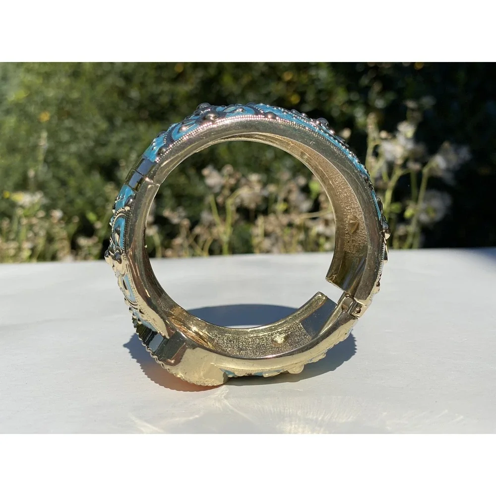 Amedeo NYC HSN 14K Gold Plated Shell Cameo Blue Enamel Bangle Bracelet~ Good Con